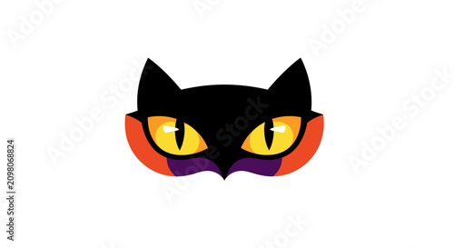 Foto Black Cat Mask with Yellow Eyes and Colorful Accents on White Background
