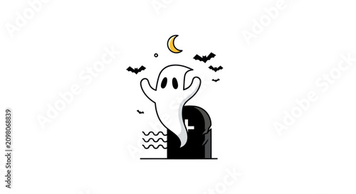Cuadro en lienzo Cute ghost with bats and moon over tombstone, isolated on white background