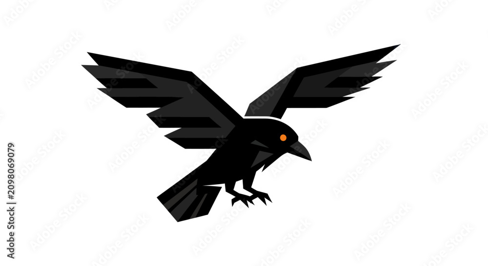 Obraz premium Stylized Black Raven Bird Flying Isolated on White Background