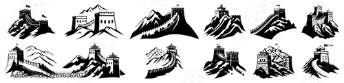 Fotografie Great Wall of China icons on mountain ridges in simple vector style