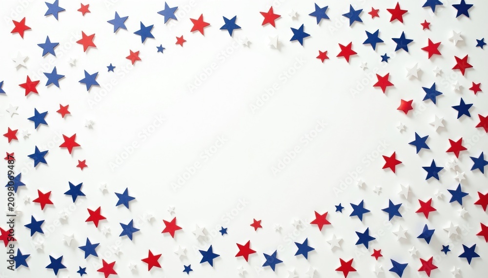 Fototapeta premium Red white and blue stars scattered on white background. Festive star pattern arrangement with copy space. Celebration decoration border design.