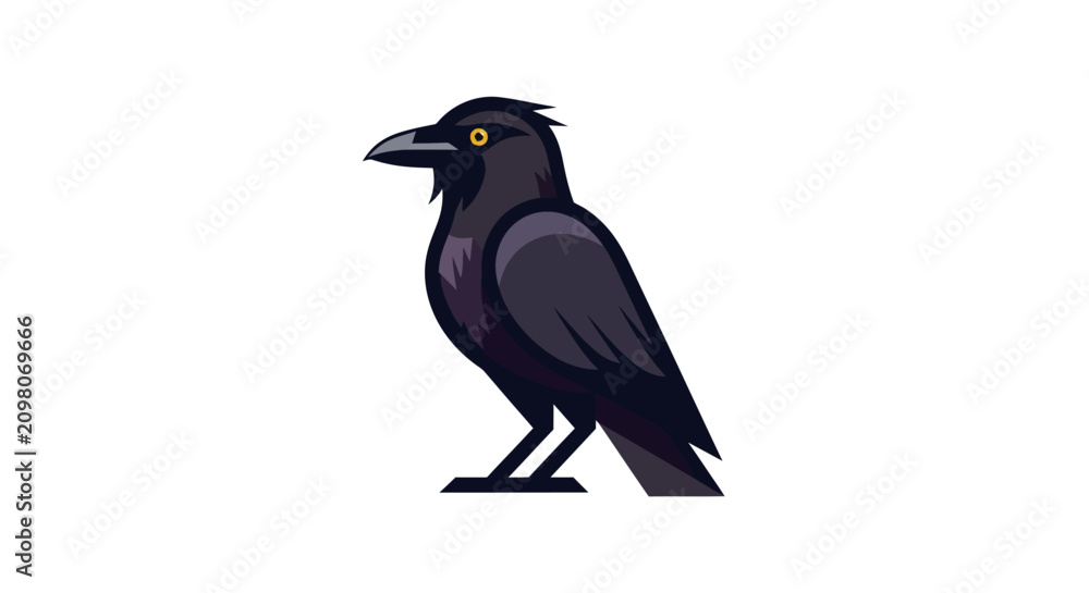 Obraz premium Stylized illustration of a black crow bird with yellow eyes on a white background