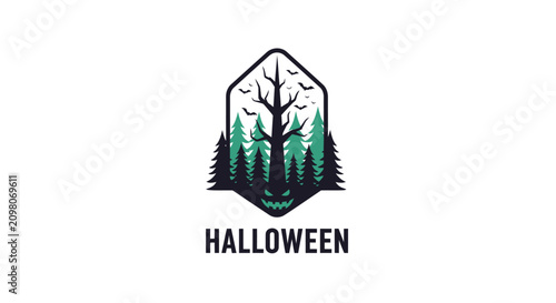 Halloween forest logo with spooky tree, pumpkin face and flying bats