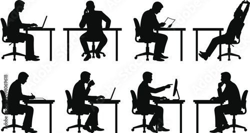 Business person silhouettes at office desk performing daily work tasks with laptop, phone, documents, and coffee