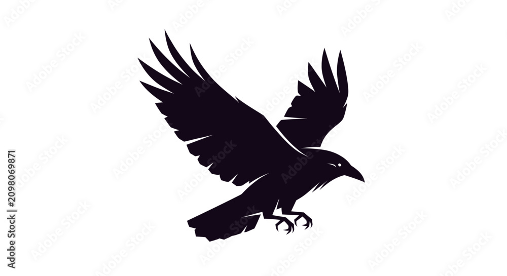 Obraz premium Silhouette of a raven in flight against a white background