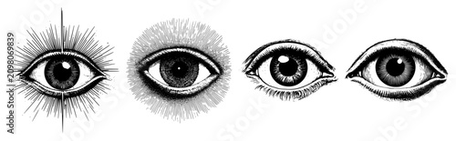 Mystical human eyes and all-seeing eye symbols in vintage engraving style