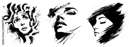 Cuadro en lienzo Female faces with expressive emotions and pensive looks in dramatic sketchy ink