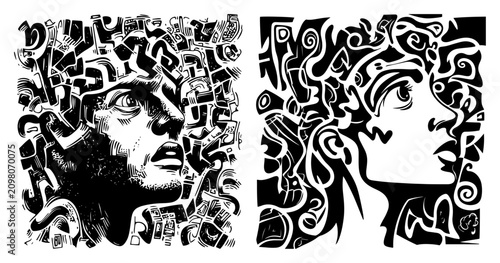 Photos Portrait faces integrated with abstract chaotic patterns in high contrast graphi