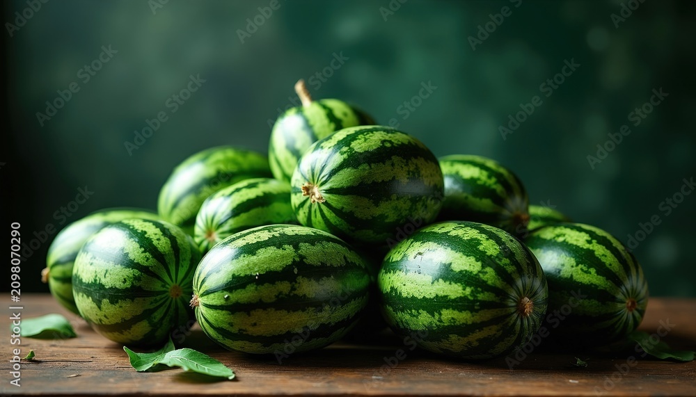 Obraz premium Pile of small fresh green striped mini watermelons with stems sits on rustic dark wooden table surface. Group of raw organic farm fruits ready for summer diet sale. Healthy vegetarian snack food