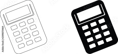 Digital calculator device icon with numeric keypad and display screen for mathematics and business calculation operations.