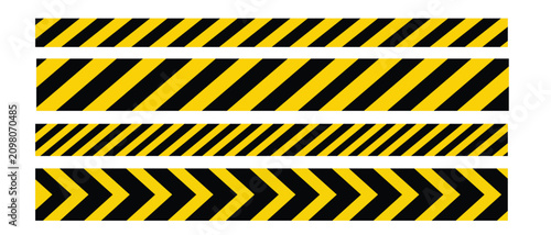 Warning caution tape border collection showcasing black and yellow chevron stripes for construction zones, hazard alerts, safety signage, and danger barriers.