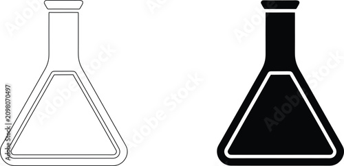 Tableau sur toile Erlenmeyer flask chemistry equipment icon set featuring thin line art and flat black silhouette for laboratory research