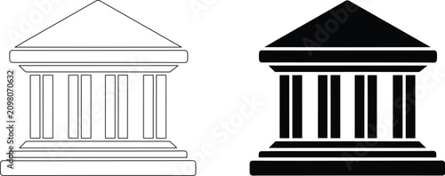 Government building vector icon in outlines and glyph style, building with columns in a line and filled version isolated.