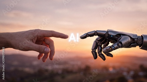 A human hand and a robotic hand almost touching with the concept of AI at sunset