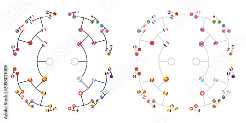 Fotografie International football tournament 2026 radial knockout bracket vector SVG featuring a circular championship layout with national flags and elimination rounds