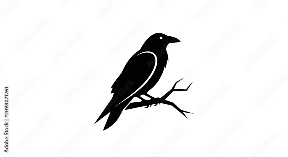 Obraz premium Silhouette of a black crow perched on a bare branch against a white background.