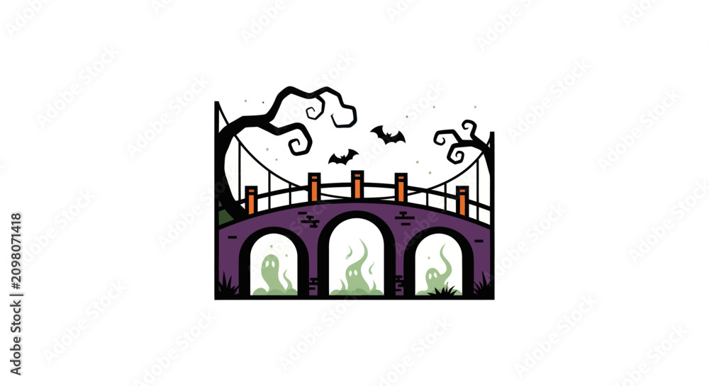 Fototapeta premium Halloween bridge with ghosts, bats, and spooky trees on white background