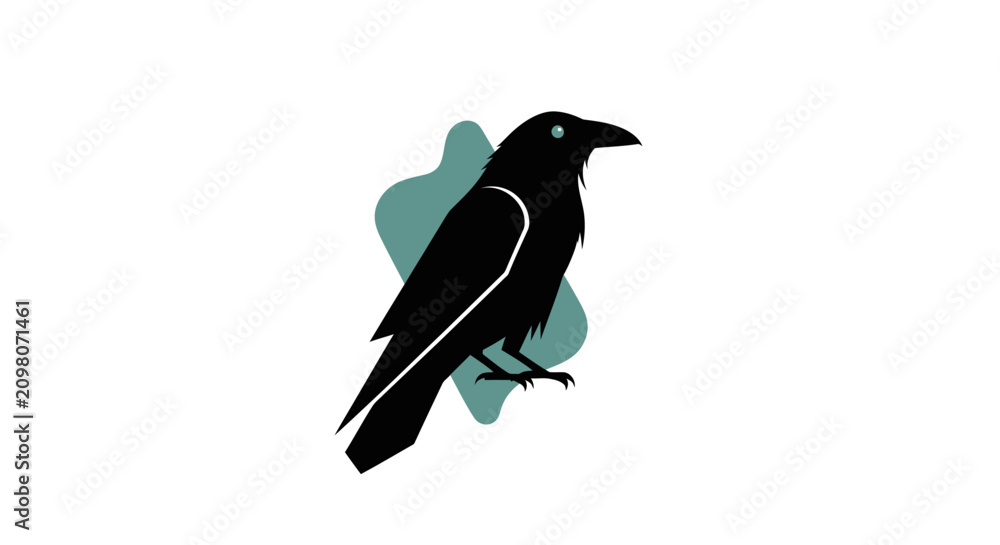 Obraz premium Black Raven Silhouette with Teal Abstract Shape on White Background
