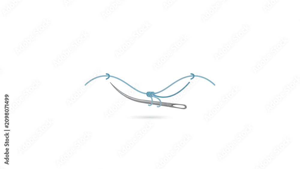 Obraz premium A curved surgical needle with a blue suture thread attached isolated on a transparent background