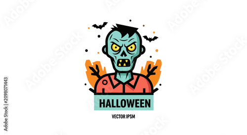 Cuadro en lienzo Scary zombie character with Halloween text, bats, and orange leaves on white bac