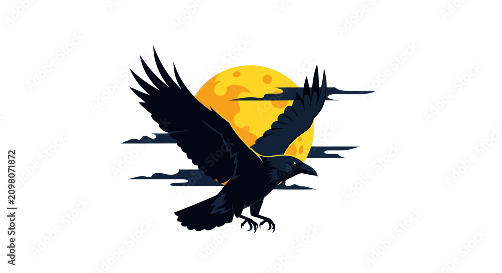 Obraz premium Raven flying across a full moon with clouds, dark silhouette, isolated