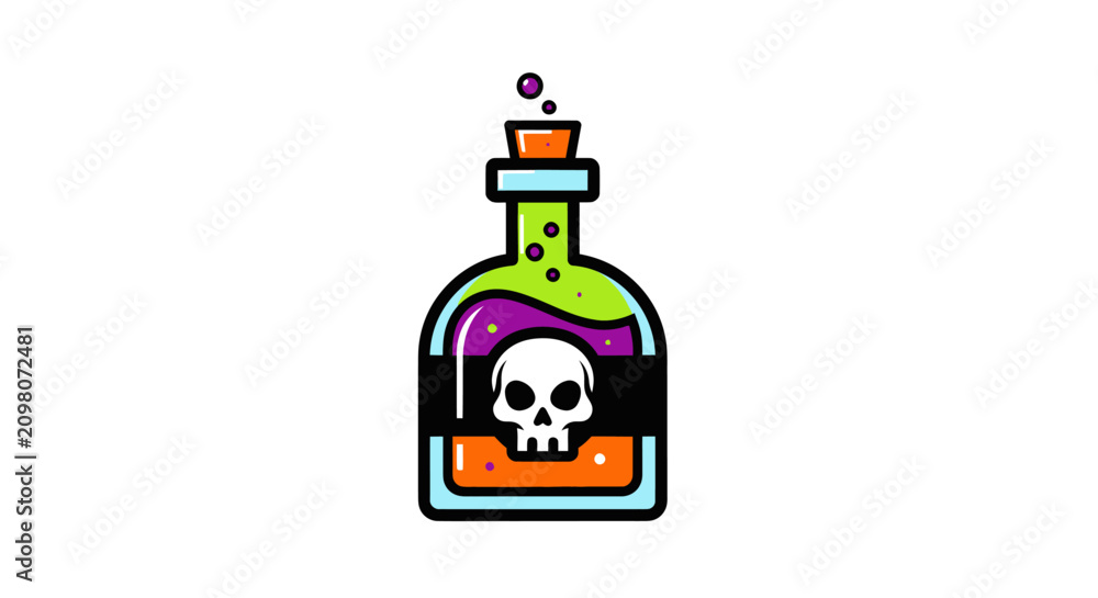 Obraz premium Poison bottle with skull label, Halloween symbol, cartoon style, isolated on white background