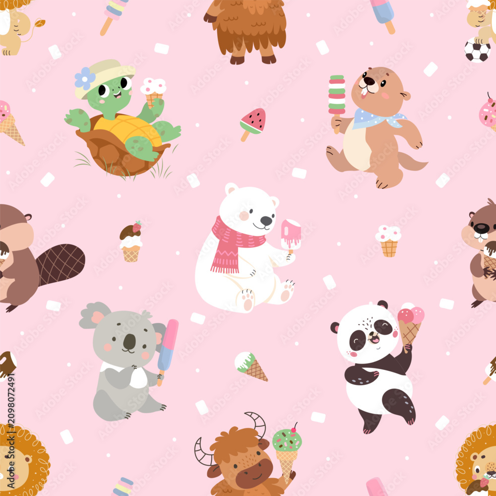 Obraz premium Animal and ice cream seamless pattern. Different cartoon funny animals with sweet creamy desserts. Children print template, nowaday vector design