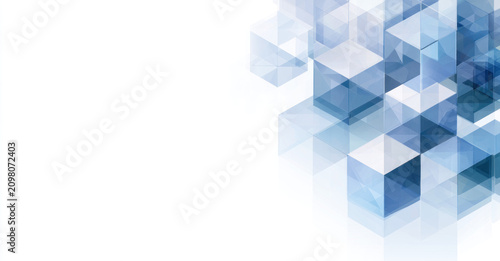 Abstract blue cubes float against clean white space