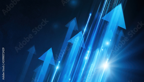 Blue arrows ascend with glowing light trails against dark background