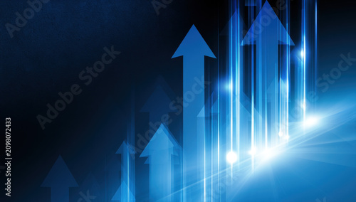 Blue arrows ascend against a dark background
