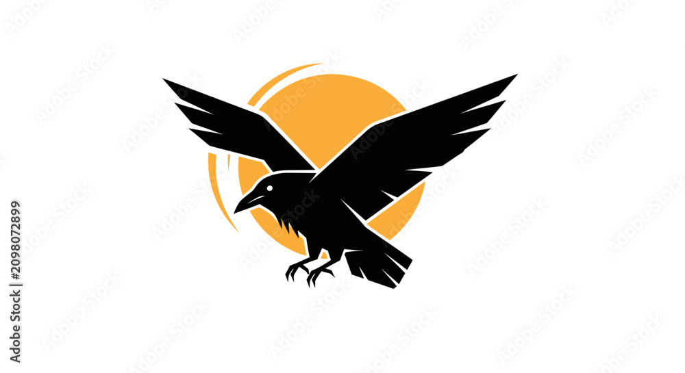 Obraz premium Silhouette of a raven flying in front of a bright orange sun, isolated on white