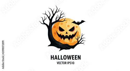 Photos Scary Halloween Pumpkin Moon with Bat and Dead Tree, Spooky Holiday Icon