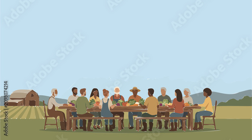 Diverse People Enjoying Fresh Harvest Meal at Rustic Outdoor Farm Table