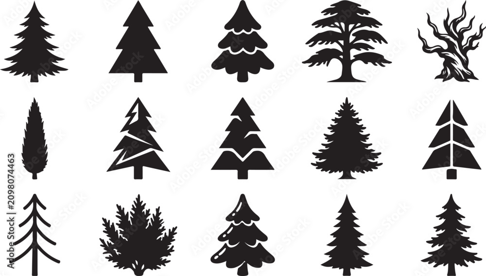 Obraz premium Set of black tree icons showing various forest pine spruce and deciduous plant shapes in silhouette