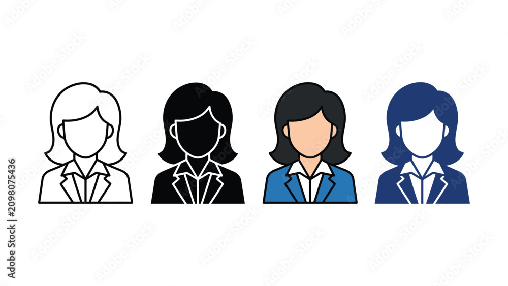 Fototapeta premium Four different colored businesswomen icons in a row on white background