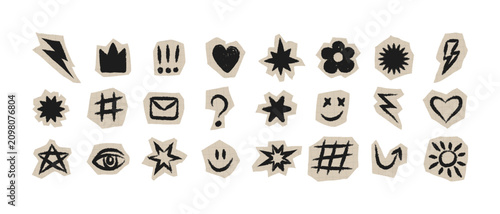 Photos Scrapbook collage sticker and cut-out element set; paper elements featuring hand-drawn brush and pencil textures; scrapbook stars, lightning bolts and symbols for planner design
