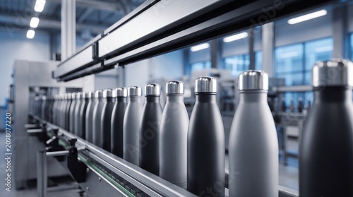 A production line of sleek, modern reusable water bottles in a contemporary industrial facility with bright lighting.