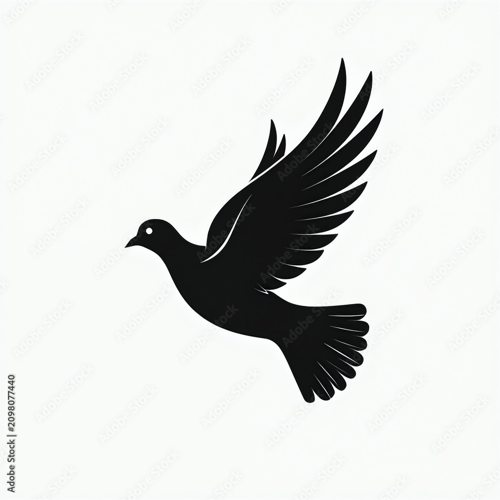 Fototapeta premium Black silhouette of flying dove isolated on white background. Minimalist bird icon freedom, peace. Simple graphic symbol shows wings in flight for logo design. Elegant artistic illustration
