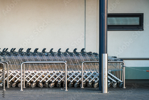 Shopping Carts Parked Outside Supermarket Entrance Ready for Customers and Everyday Retail Shopping Use