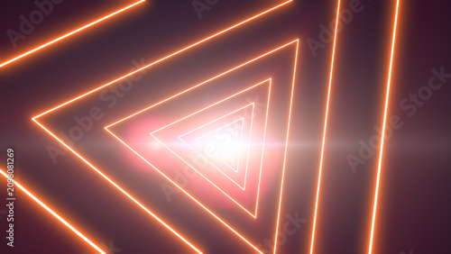 Photos Abstract orange neon triangles receding into a bright center, forming a glowing