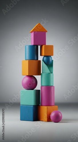 A minimalist composition of smooth geometric wooden blocks in muted tones, featuring a balanced vertical stack of cubes, cylinders, and spheres, elementary, tower, form