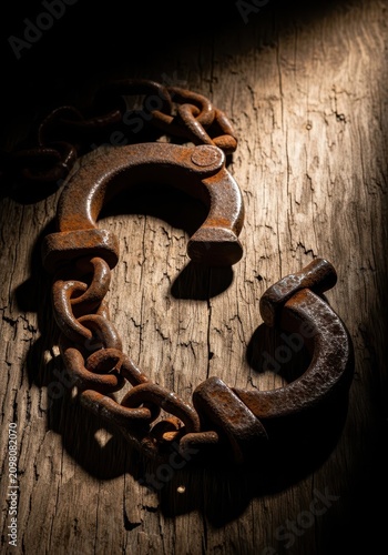 Heavy iron shackles with rusted links lie on a weathered wooden surface, representing dark history, confinement, and broken metal bonds, close-up, lock, heritage