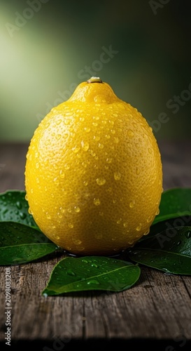 A vibrant yellow lemon rests on a rustic wooden surface with green leaves and water droplets, highlighting its juicy and organic texture, vegetarian, vitamin, yellow