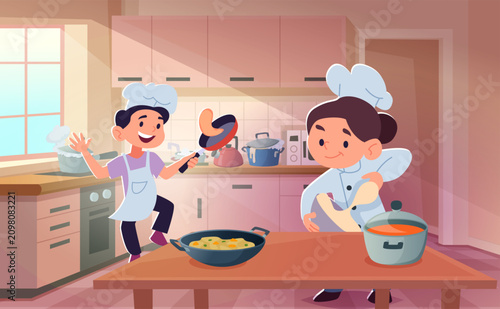 Cooking background. Vector collection shows cartoon child chefs with kitchen tools desserts and meals for exact background composition