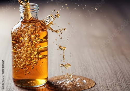 Bright splashing liquid of organic apple cider vinegar in a glass bottle with rising bubbles and dynamic droplets on a wooden surface, lifestyle, raw, vitality