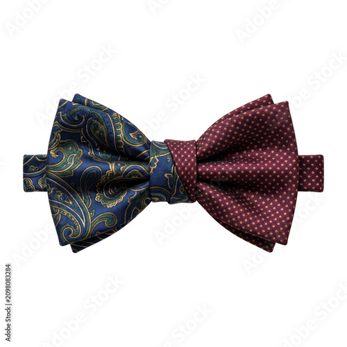 Dual pattern silk bow tie accessory on transparent background