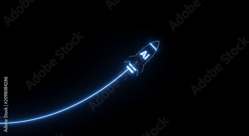 Glowing rocket with AI sign flying upward on dark background. Digital illustration of artificial intelligence growth and innovation. Corporate business development and technology concept