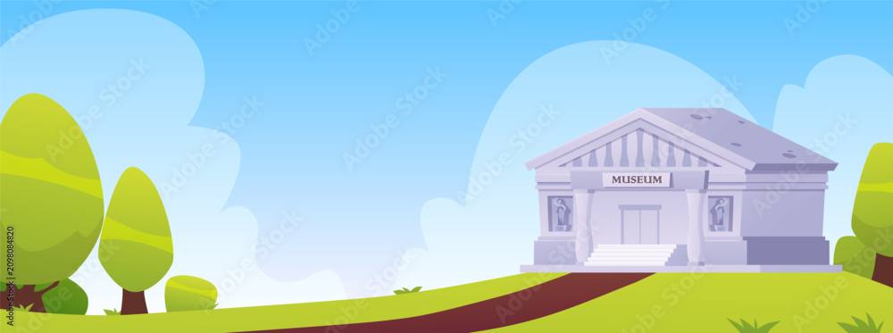 Obraz premium Museum building on the lawn, vector cartoon historical architecture construction with signboard, statue and columns
