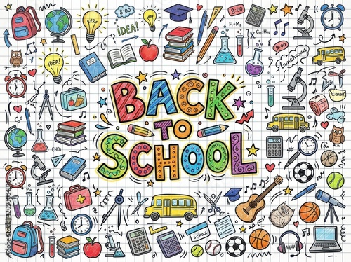 Back to school doodle pattern background with various school supplies and icons