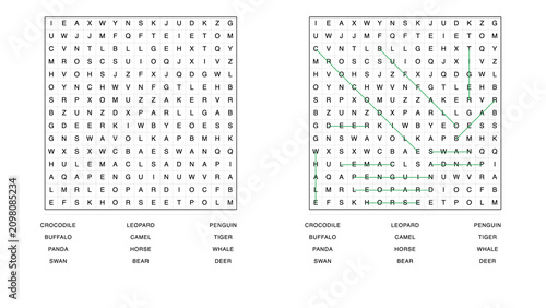 Schilderij op canvas Animal word search worksheet with wild animals answer key